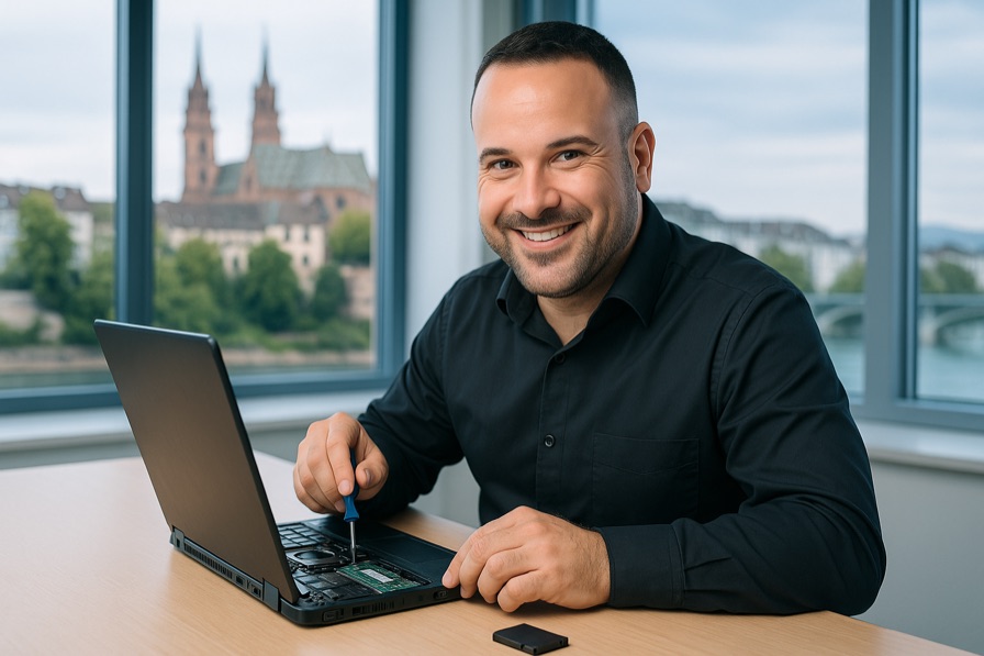 IT-Techniker repariert Computer in Basel